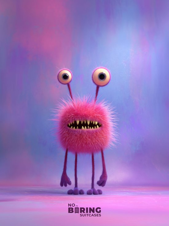 Roze harig monster met grote ogen, gele tanden en paarse voeten, met "NO BORING SUITCASES" logo.