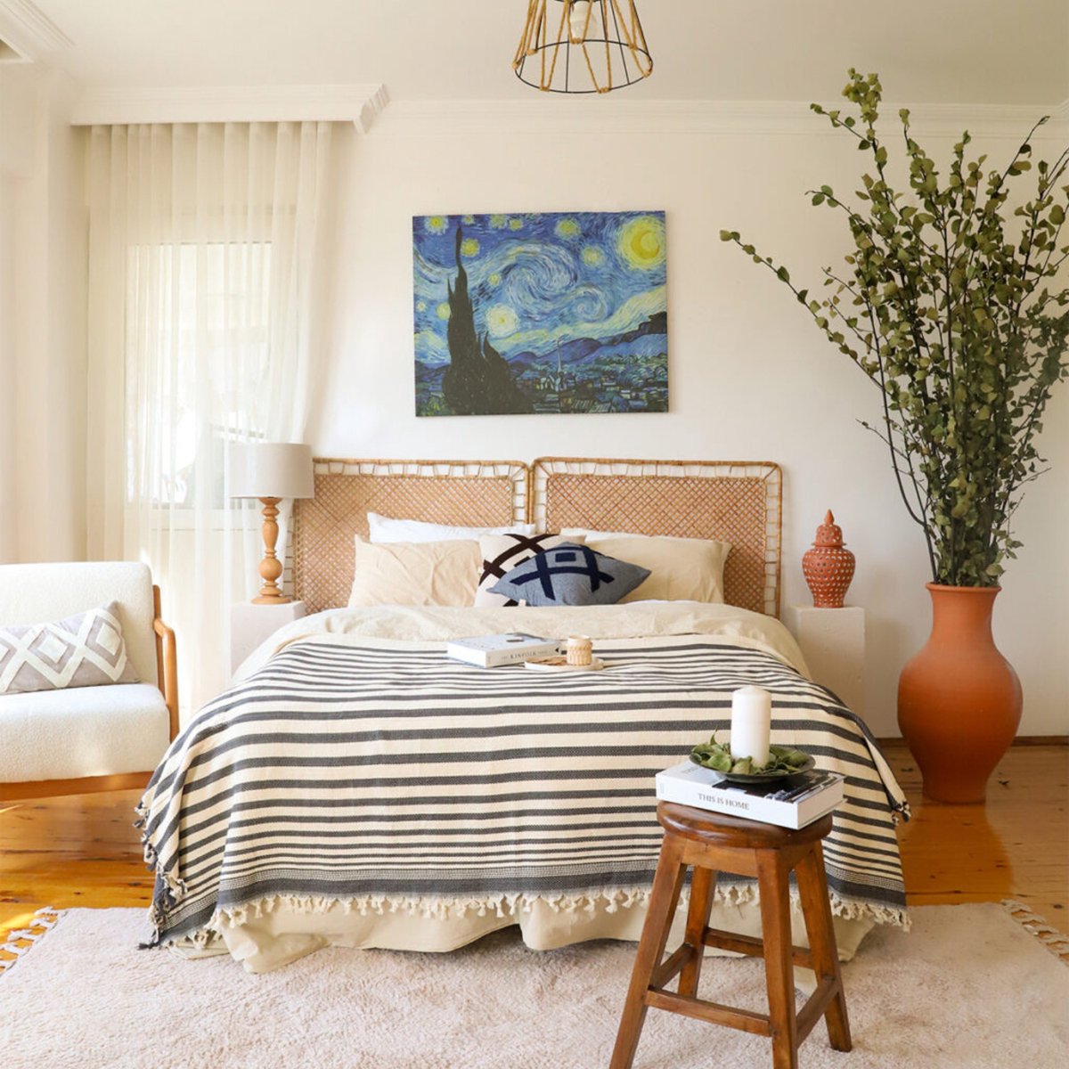 Trimita Sevda - 100% Katoenen Sprei - Plaid Katoen - Fair Trade - Luxury Decoratief met zwarte strepen - 200x240 cm - Zwart