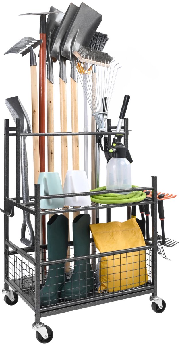 Paco Goederen® Tuingereedschap Organizer - Tuingereedschap-torenrek - Voor opslag in de garage - Met haken en wielen