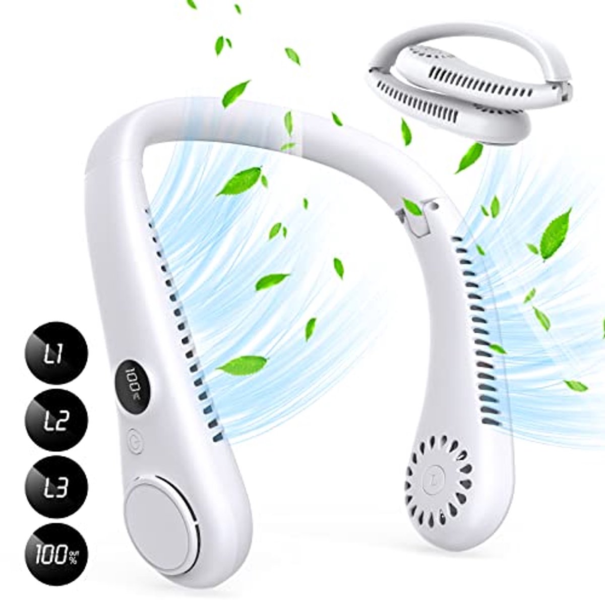 Draagbare handsfree nekventilator - Opvouwbare bladloos ontwerp met LCD-scherm en USB-aansluiting - 3 snelheden voor binnen en buiten