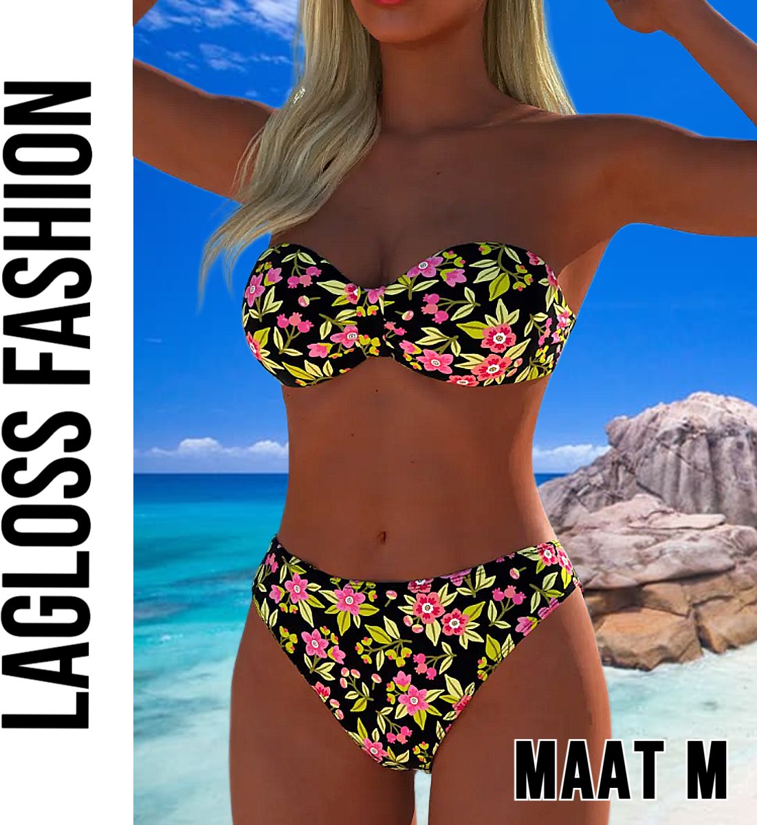 LaGloss® Trendy Strapless Bikini Set - 2 - delige Bloemenprint Badmode voor Dames - Strapless Top & Bikini Slip
