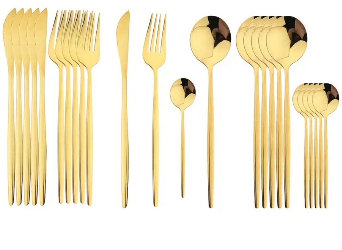 24-delige zwart-gouden roestvrijstalen bestekset – luxe serviesset met gouden handgrepen – inclusief vorken, messen, lepels, serveerlepel en serveervork – elegant design voor feestelijke diners, kerstcadeaus en chique tafelsetting