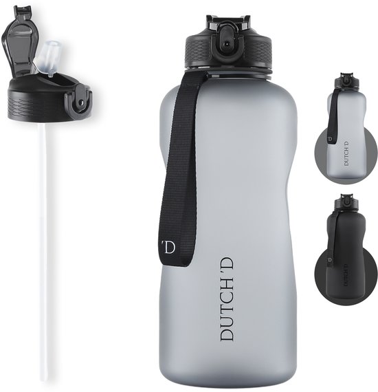 Dutch'D ® - 2,2 litres - Gourde avec paille - Gourde - Grijs - Tritan - Sans BPA - Paille - Sans fuite - Gourde Adultes et Enfants