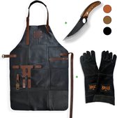 STORX Leren BBQ Set – Schort + Slagersmes + Leren Barbecue Handschoenen – Zwart Echt Leer – 2 Jaar Garantie – Luxe Grillset met Koksmes (27,6 cm) & Schort (81x56 cm) – Stoer Cadeau voor Mannen