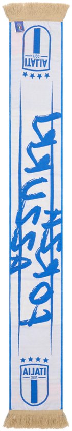 Wit met blauwe letters "FORZA LAZIO" en het logo van Lazio. Met franjes.