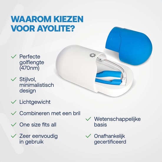 AYOlite lichttherapiebril - Inclusief bioritme-app - Vergelijkbaar met de krachtigste daglichtlampen - Veilig getest voor de ogen (IEC 62471 No Risk) - UV- en infraroodvrij - 100% bewegingsvrijheid - Stijlvolle en effectieve daglichtbril
