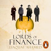 Boekcover met vier mannen in pak op een gouden wereldbol. Titel: Lords of Finance.