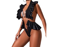 Sexy Lingerieset Dames – Erotische Lingerie – Cut-Out Wetlook Bodysuit met Ketting – Clubwear voor Wasteland, B.I.T.C.H. en Fetish Events – Zwarte Cut-Out Teddy – Open Design met Ruches – Dare to Undress – Liquid Vixen – One Size – Maat S, M, L, XL