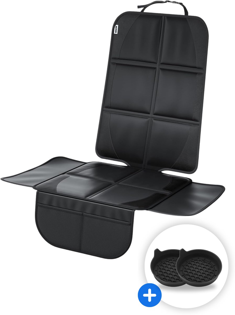 NOVOB® Autostoel Beschermer - Organizer voor Kinderen - Inclusief 2 Auto Onderzetters - Antislip Hoes - Isofix Geschikt - Met Zijflappen en Opbergvakken - Zwart
