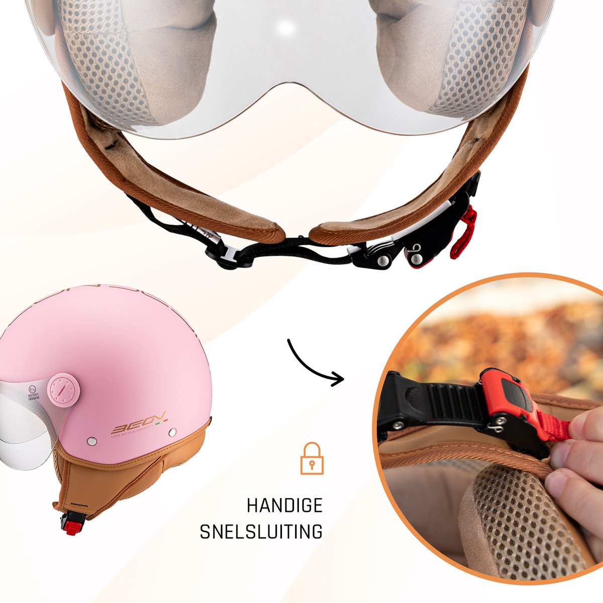 BEON Design Luxe Scooterhelm - Roze - S - Jethelm met Vizier - Motorhelm voor Dames - Geschikt voor Vespa, Scooter, Brommer, Motor en Snorfiets – foto 5