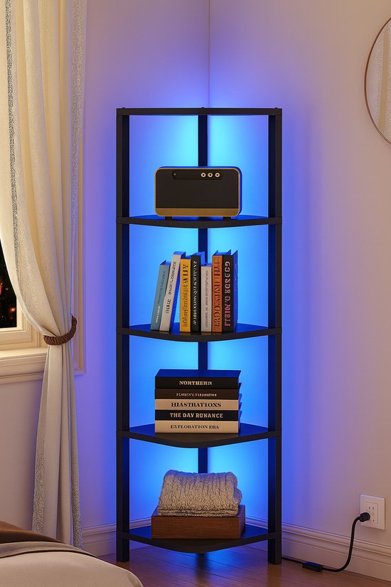 Boekenrek - Boekenkast - Hoekrek Met 5 Planken - met LED - Boekenkast Industrieel - Boekenkastje - IN-HOMEXL - Ergon - 25x25x120cm