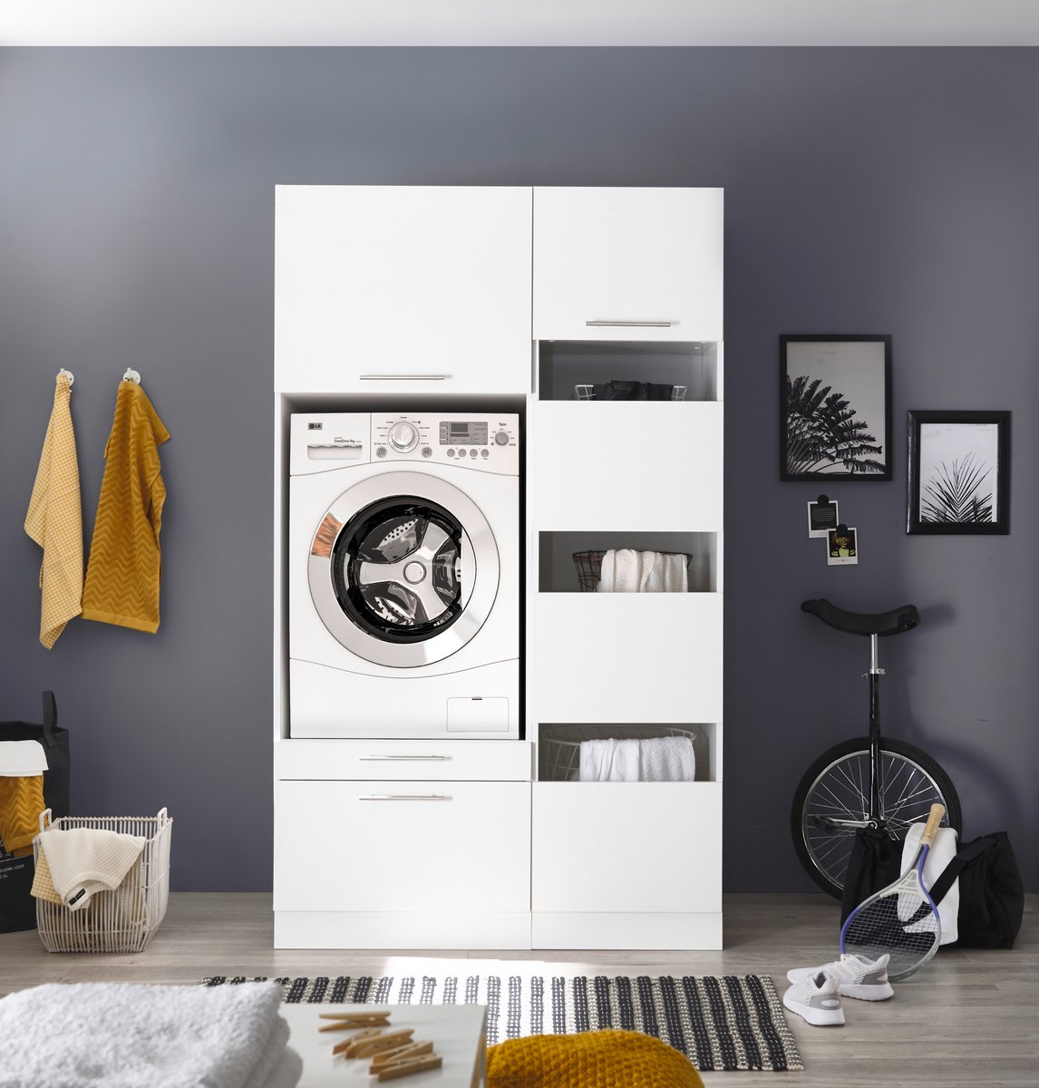 Wasmachine ombouwkast en wasmand kast met halfhoge deuren - Wasmachine verhoger met lade - Wasmachine kast - Wit - Hoogte 200 cm - Wasmachine ombouw meubel