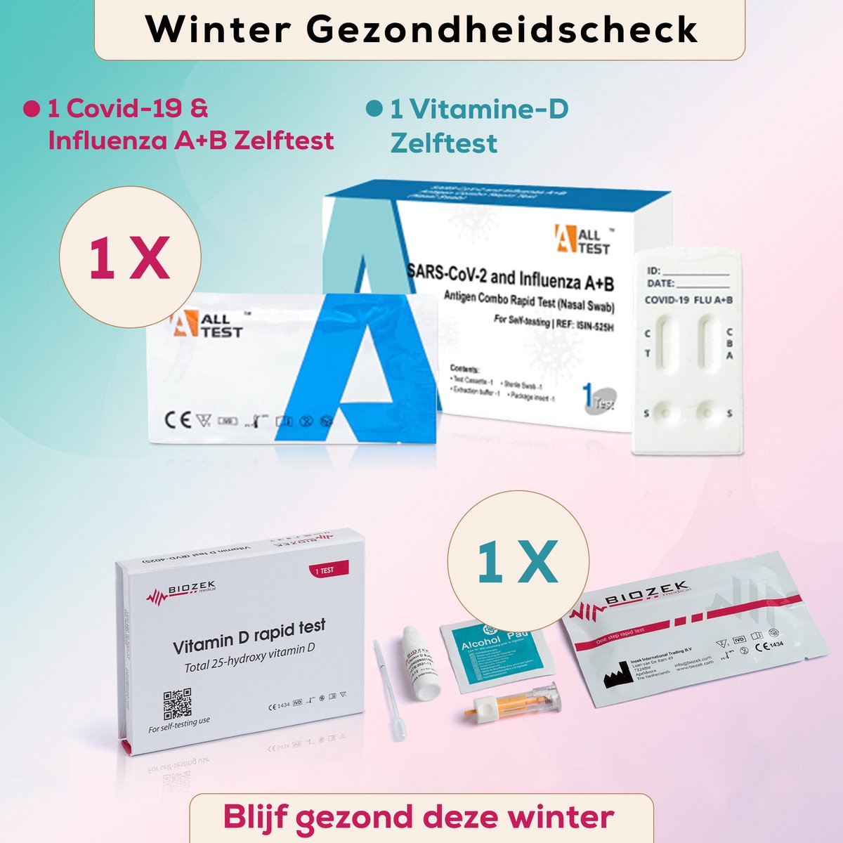 Winter Gezondheidscheck – Vitamine D Zelftest & COVID-19/Influenza A+B Antigeen Zelftest – 2-delige set – Snelle screening thuis – Uitslag in 10–15 min