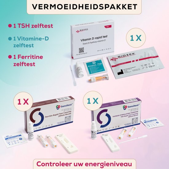 Vermoeidheidspakket – Vitamine D Zelftest, Ferritine Zelftest & TSH Zelftest – 3-delige set – Snelle screening thuis – Uitslag in 5–15 min