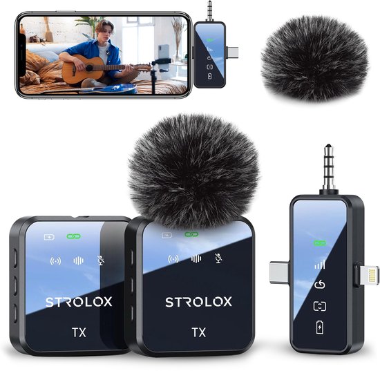 Microphone sans fil Strolox® Pro - 2 pièces - Étui de chargement - Cravate - Bonnettes anti-vent - Pince-cravate - Longue durée de vie de la batterie - USB-C/Lightning - Plug & Play