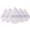Groupe de cinq hochets blancs triangulaires avec des rubans gris sur fond blanc.