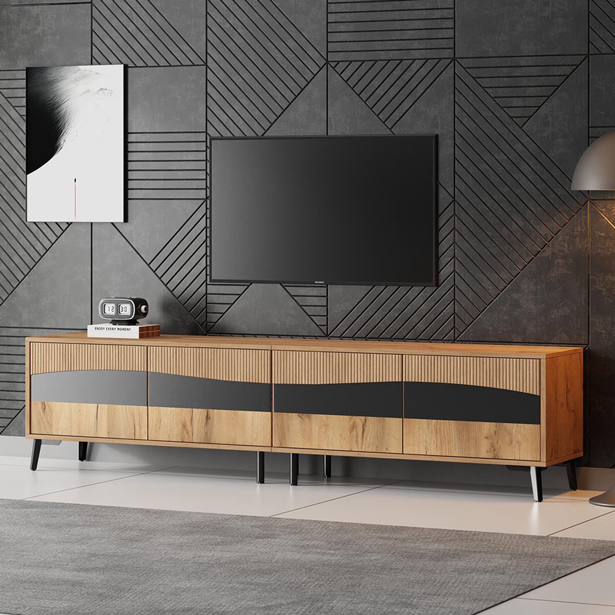 Pugsdrly TV-meubel 180*40*50 cm, houtkleurig + zwarte tv-steun, tv-meubel met 4 kasten, woonkamermeubel met 8 steunpoten, aanbevolen draagvermogen 30 kg, symmetrisch ontwerp, laag meubel Naturel