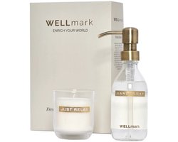 Wellmark giftbox Discover: handzeep 'bring out the bubbles' + kaars helder / brass dark - fresh linen