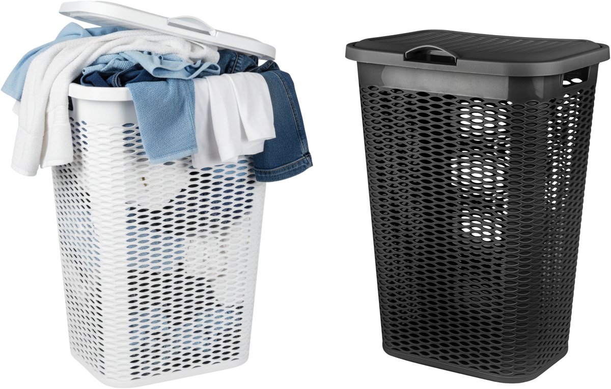 Wasmand Ventilation - met deksel - 2x - wit en zwart - 50 liter - 61 x 43 cm