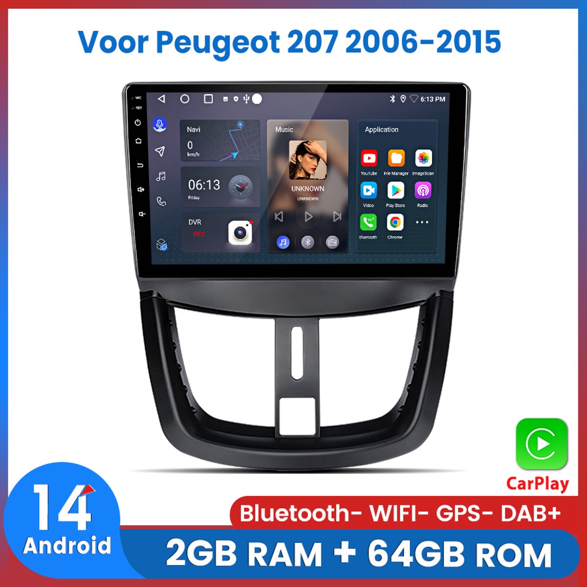 Awesafe Carplay Autoradio Geschikt Voor Peugeot 207 2006-2015 - Android 14 - 2GB RAM + 64GB ROM - Draadloos CarPlay & Android Auto - Bluetooth & WiFi - GPS Navigatie