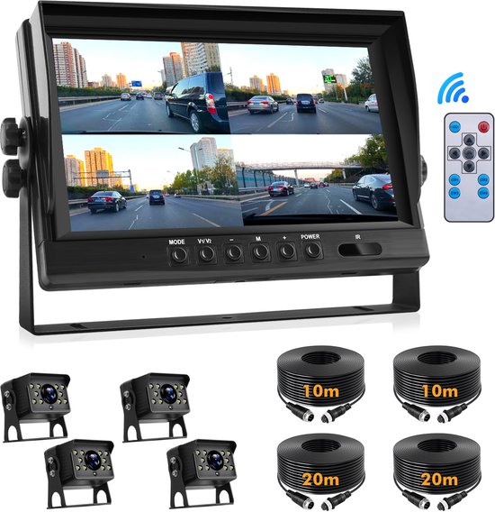 RV-achteruitrijcameraset met 9-inch AHD-monitor, 4-voudig gesplitst scherm en loopopnamefunctie, waterdichte DVR-monitor met nachtzicht, ondersteunt 4 camera's, compatibel met campers/vrachtwagens/aanhangers/bussen/caravans.