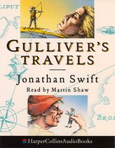 Boekomslag van Gulliver's Travels met tekeningen van een kleine man die op een reuzenhand staat en een reus die naar de lucht kijkt. Met de tekst 'Gulliver's Travels' en 'Jonathan Swift'.