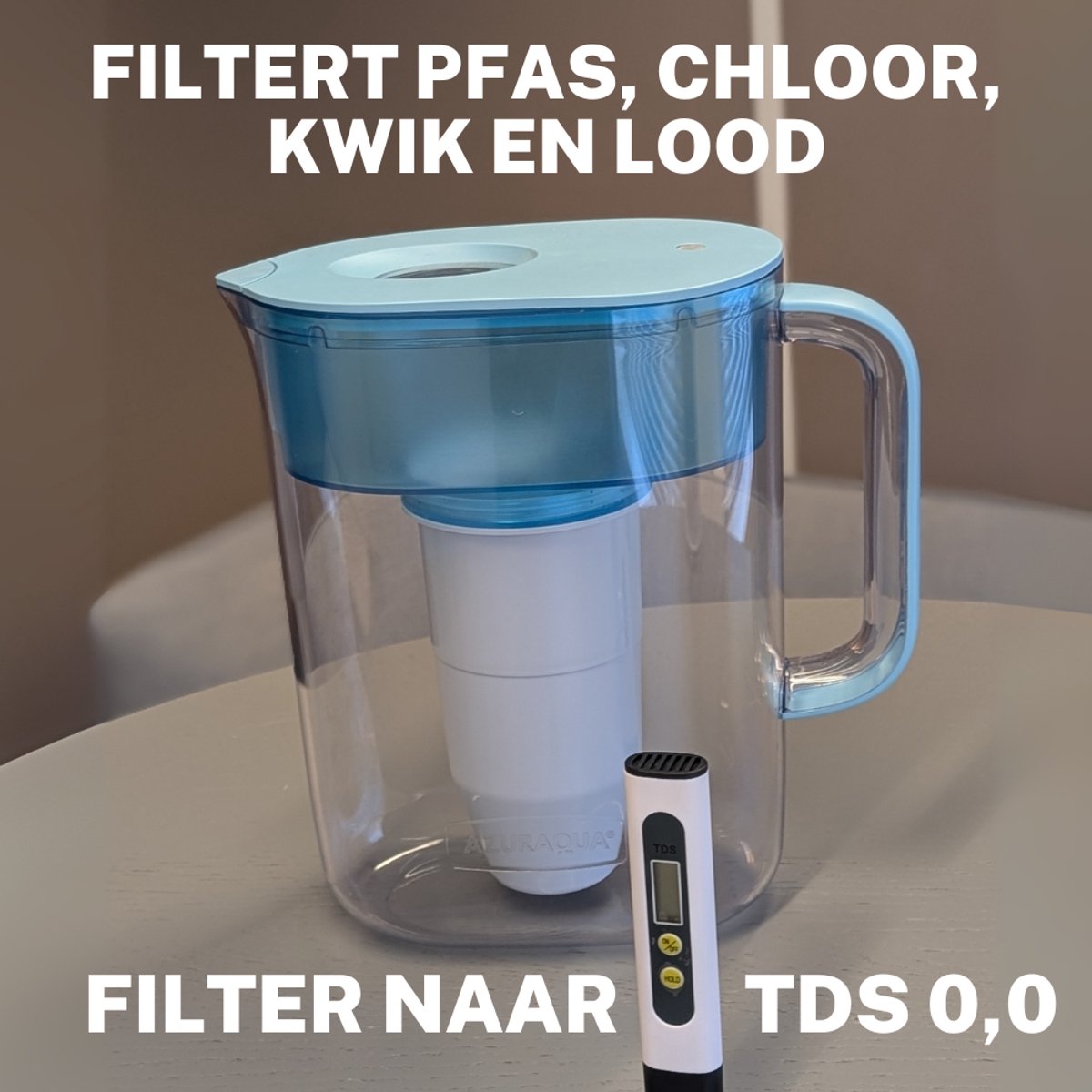 Schoner drinkwater door de AzurAqua Waterfilterkan | Inclusief TDS Meter | Filter jouw kraanwater van TDS Waarde 260 naar 0 | Filtert PFAS, Lood, Chloor en Kwik uit Kraanwater | TDS 0,0 door Unieke Multistage Filter