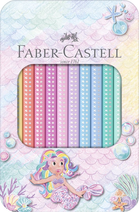 Faber-Castell potloden in blik met zeemeermin en parelmoerachtige schubben, 10 pastelkleuren met glitter.