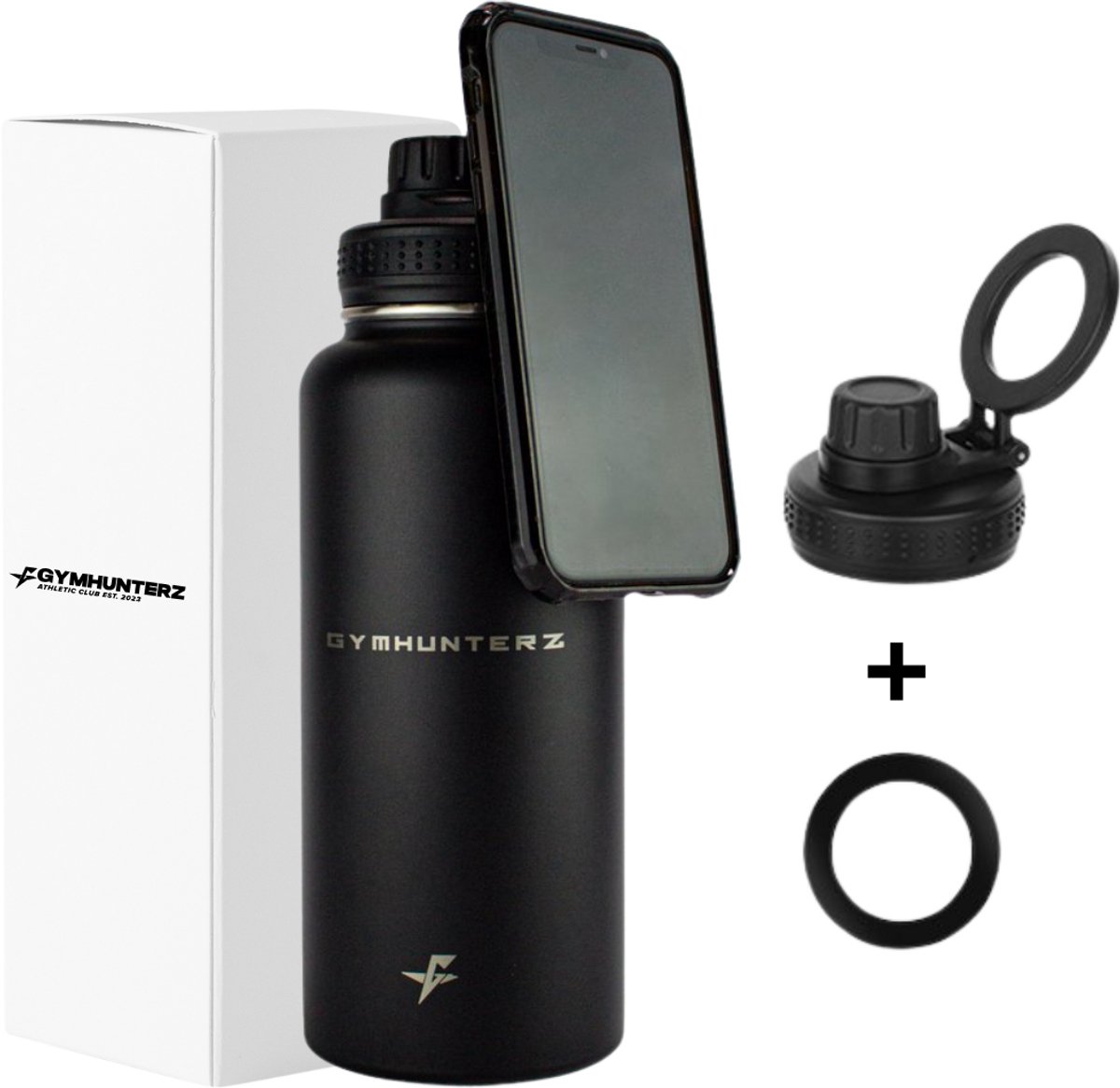 Gymhunterz Drinkfles 1 Liter - Waterfles - BPA- & 100% lekvrij - Telefoonhouder Magnetisch - 12u Warm/ Koud