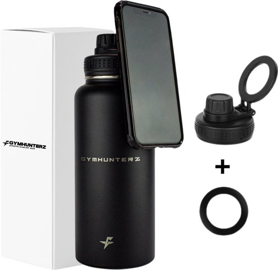 Zwarte drinkfles met telefoonhouder, doos en extra dop.