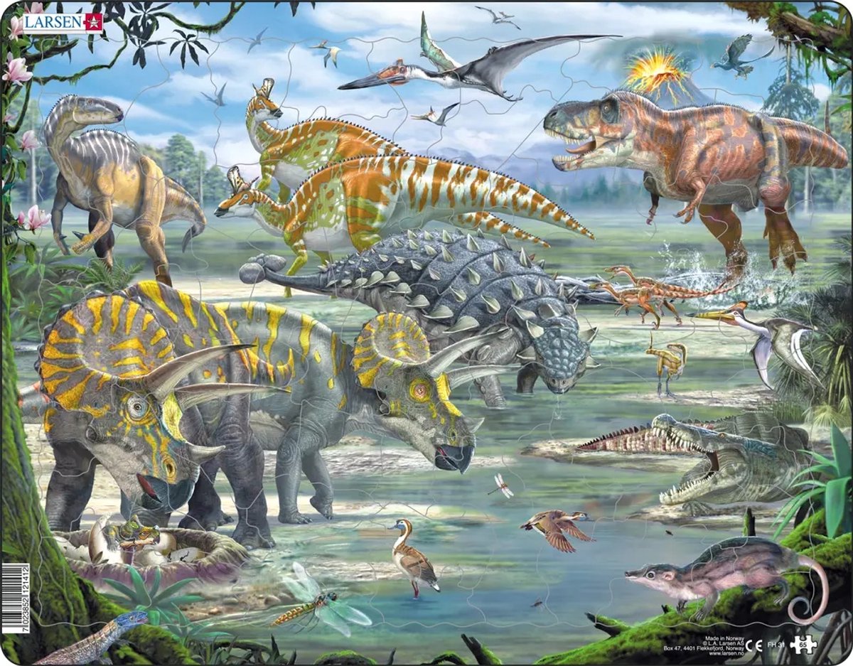 Larsen Dinosauriërs uit het Krijt tijdperk – Puzzel – Dieren – Prehistorie – Educatieve legpuzzel voor kinderen – 65 stukjes – Gemaakt in Noorwegen – Extra dikke 2,5 mm stukjes – Tray met vaste rand