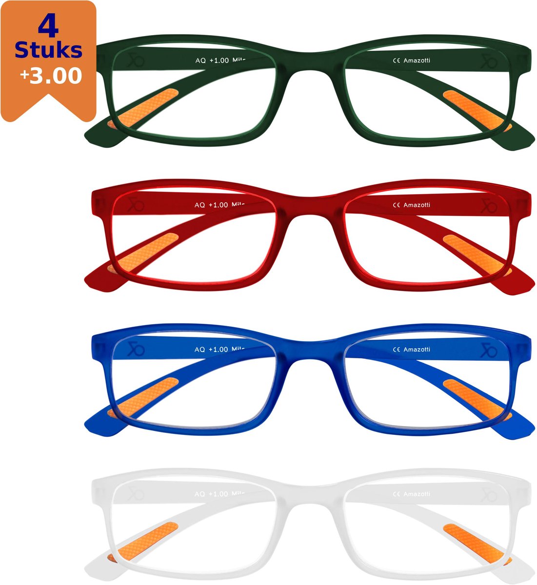 Amazotti Milano Leesbrillen +3.00 – Leesbril met sterkte – Dames en Heren – Kunststof – Groen, Rood, Blauw, Transparant – Set van 4