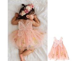 Joya Kids® Baby Meisjes Prinsessenjurk met Vlinders en Bloemen | Feeën Tule Feestjurk zonder Mouwen voor Verjaardag, Bruiloft, Doop of Fotoshoot | Baby Foto Outfit | Photoshoot Peuter | Zacht Roze | Maat 80