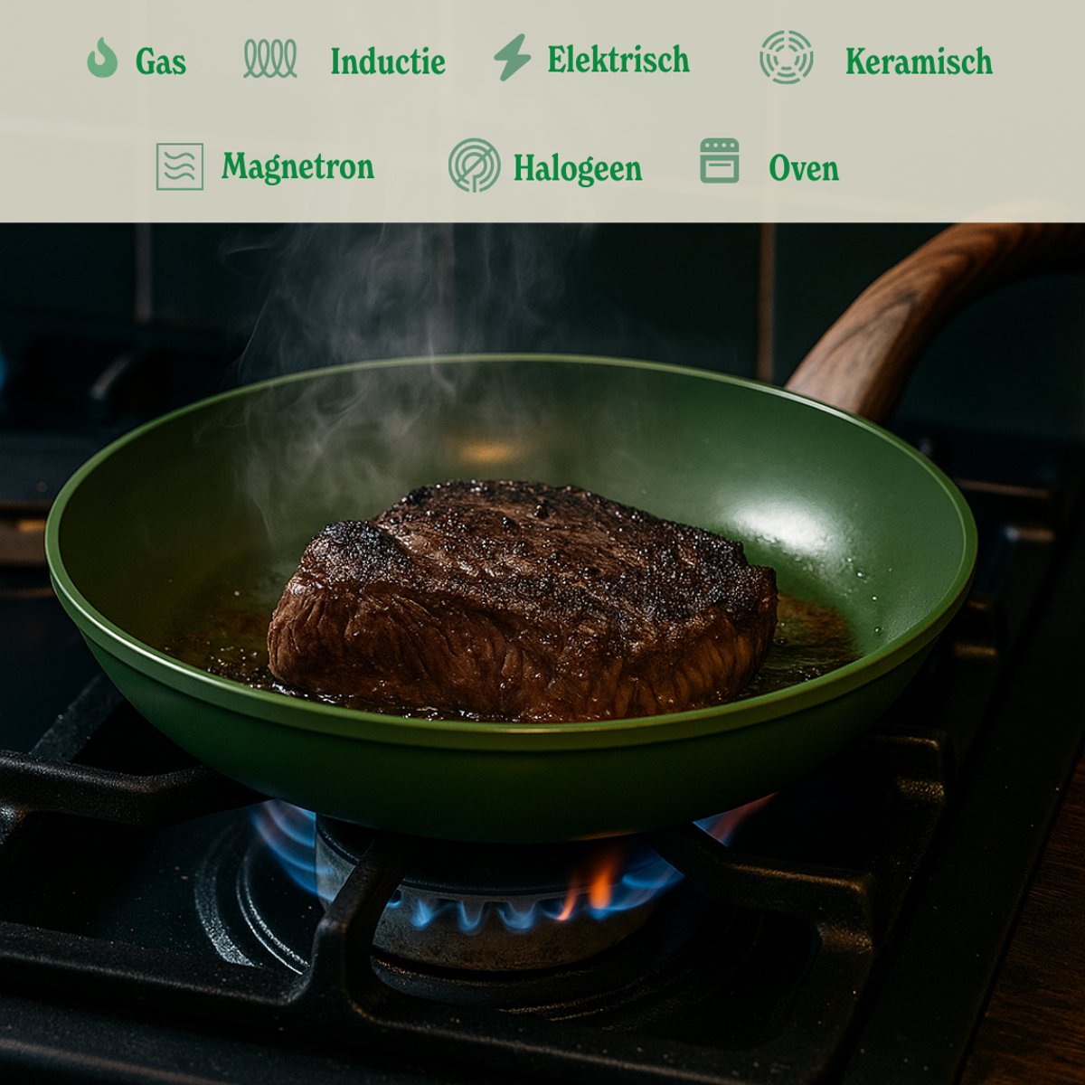 Cook & Pan 9-Delige Pannenset Groen - PFAS vrij - Alle Warmtebronnen - Pannen Set met 7 jaar Garantie - Krasbestendige Anti Aanbaklaag - Vaatwasserbestendig - Gas, Inductie, Elektrisch, Oven - Koekenpan, Wokpan, Steelpan, Hapjespan, Kookpot – foto 7