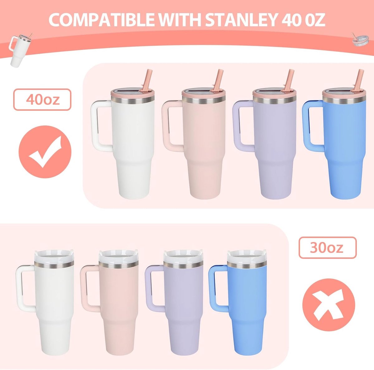 2 stuks - Vervangende deksel van 40 oz voor Stanley Quencher Tumbler - 40 oz Tumbler Flip Lids met rietje als vervanging voor Stanley Cup - herbruikbaar - morsbestendig, spatwaterdicht (roze) – foto 4