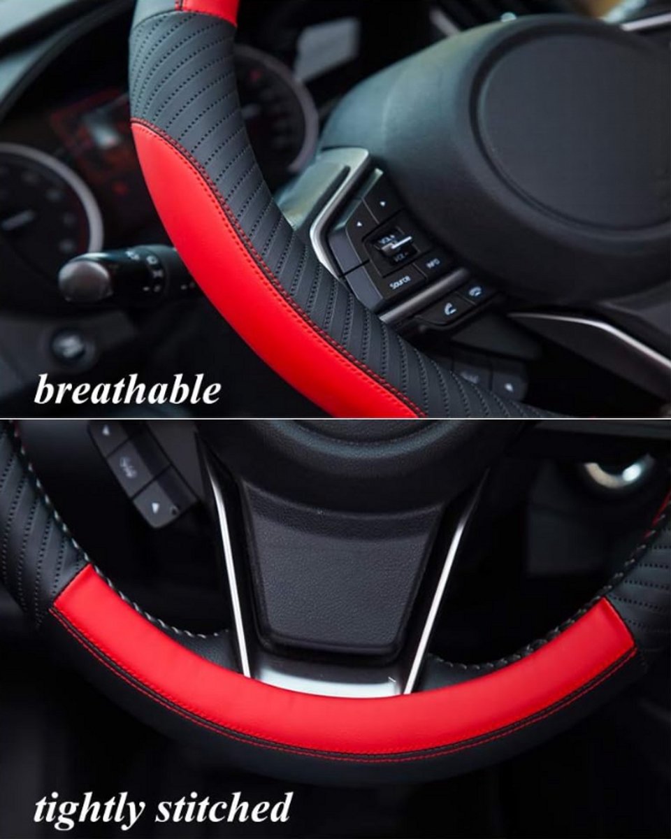 Stuurhoes voor auto - lederen stuurhoes, microvezel stuurhoes universele maat 37-38 cm, zacht, antislip, ademend, rood – foto 4