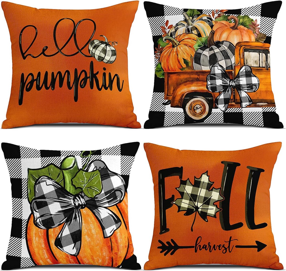 Set van 4 Halloween Decoratie Herfst Kussenhoezen (45x45cm) Bankkussens Garland Herfstbladeren Linnen Kussenhoes Herfstkussen voor Slaapkamer, Woonkamer