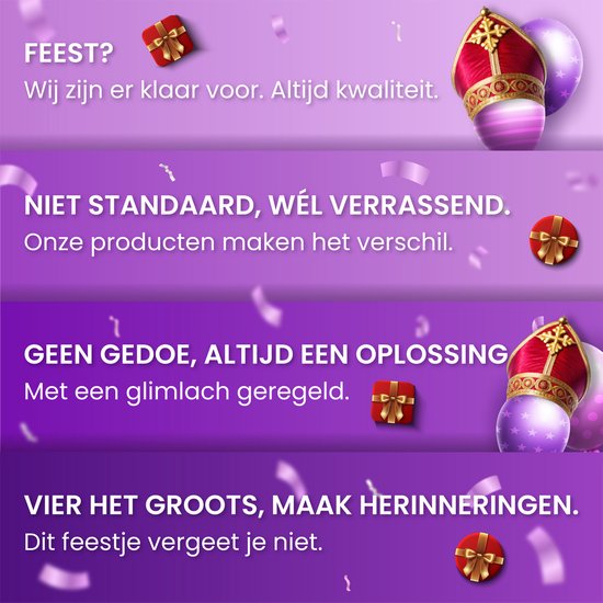 Collage van Sinterklaas afbeeldingen en feestelijke teksten zoals 'Feest? Wij zijn er klaar voor.'
