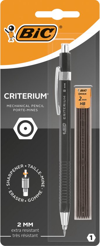 BIC Criterium Porte-Mines 2mm HB - Corps Noir ou Blanc, Blister de 1 + 6 Mines