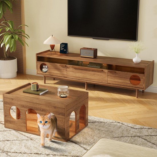 BLACKCOLORS Meuble TV + table basse, ensemble de meubles de salon combinés, ensemble de meubles TV 2 pièces, meuble TV LED, meubles pour animaux de compagnie, meuble TV avec panier pour chat, ensemble de meubles en noyer