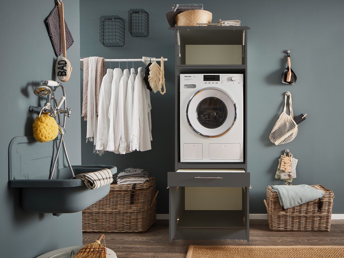 Wasmachine kast met verhoger en bovenkast - Wasmachine kast - Wasmachine ombouw meubel - Antraciet - Wasmachine ombouw kast - Hoogte 200 cm - Met bovenkast