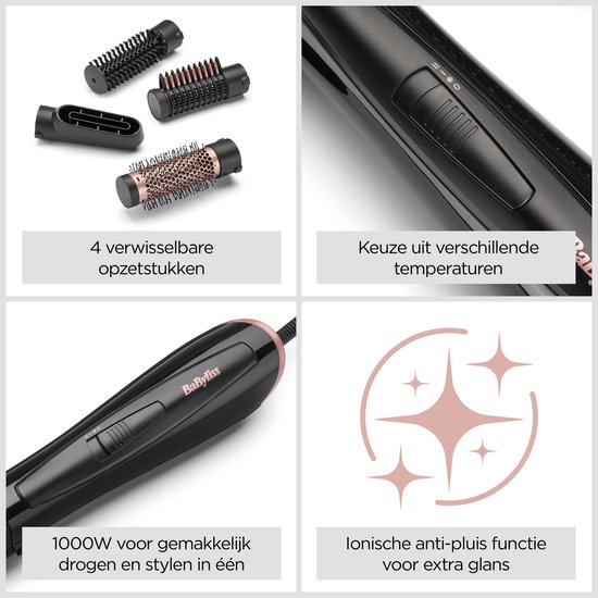 Gedetailleerde afbeelding van de BaByliss airstyler. Tekst: '4 verwisselbare opzetstukken', 'Keuze uit verschillende temperaturen', '1000W voor gemakkelijk drogen en stylen', 'Ionische anti-pluis functie'.