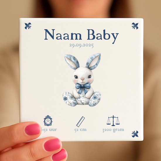 Gepersonaliseerde Baby Tegeltje - Met Naam, Geboortedatum, Gewicht, Lengte en Tijd - Blauw Konijntje van Smartphoto — afbeelding 2
