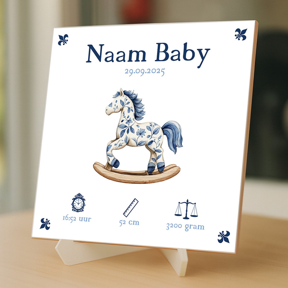 Gepersonaliseerde Baby Tegeltje – Met Naam, Geboortedatum, Gewicht, Lengte en Tijd – Blauwe Hobbelpaard