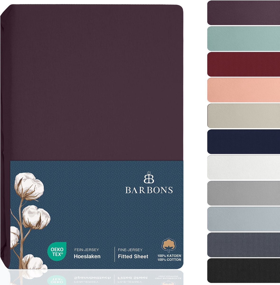 BARBONS hoeslaken 120x200 - hoeslakens Jersey 145 g/m² - 100% katoen - aubergine