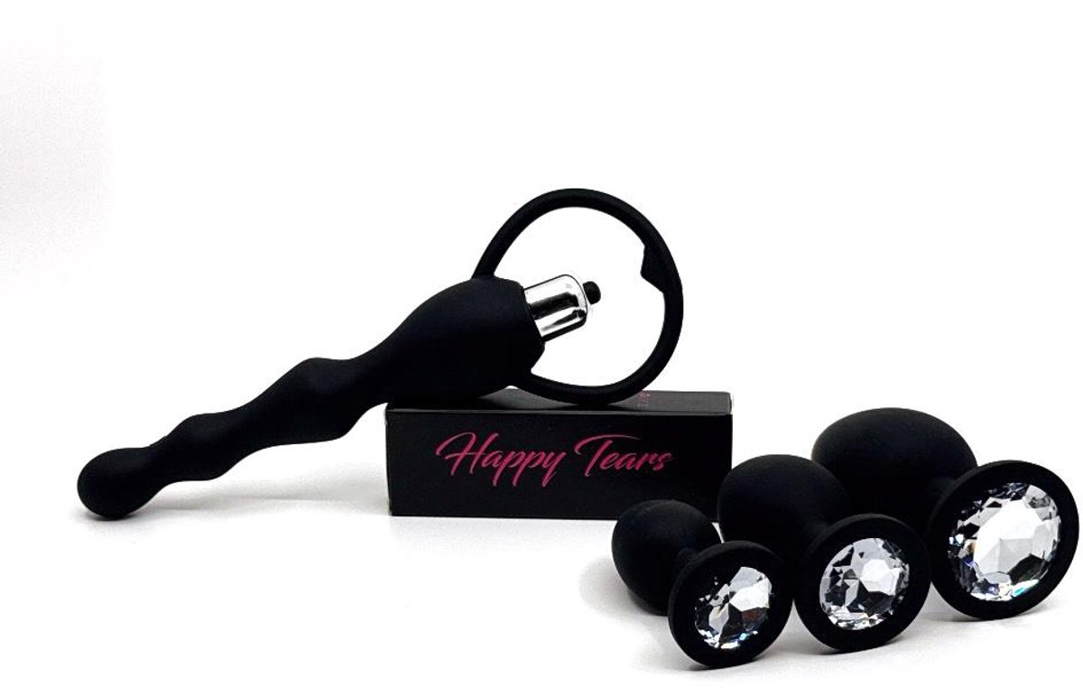 Happy Tears© Black Luxury Set – Anaal Vibrator met Ring & Kristal Buttplugs