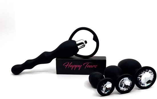 Foto: Happy tears black luxury set anaal vibrator met ring kristal buttplugs