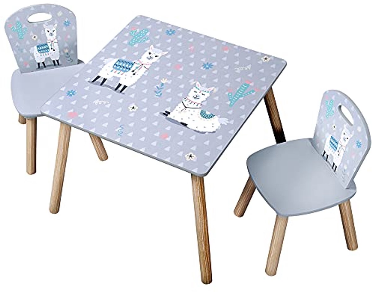 Kindertafel met 2 stoelen - Vezelplaat - Alpaca Motief - 55 x 55 x 45 cm - Grijs