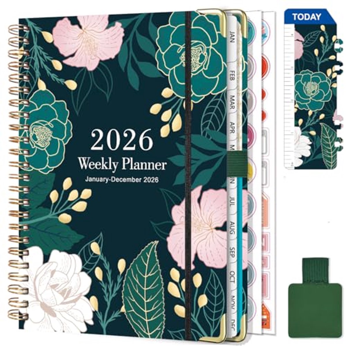 2026 Wekelijkse Planner A5 met Spiral Binding - Schoolkalender met Penlus, Boekmerk en Stickers - Donkergroen