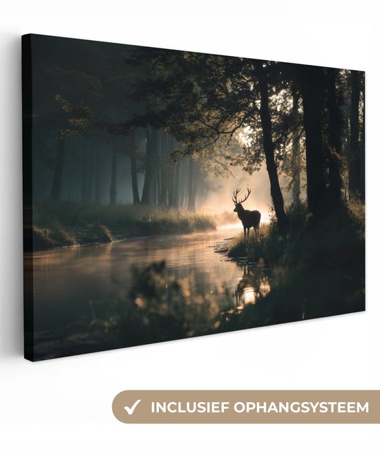 Canvas schilderij 90x60 cm - Exclusieve wanddecoratie Hert - Bosbeek - Mystiek - Muurdecoratie woonkamer - Slaapkamer decoratie - Kamer accessoires - Schilderijen op canvas